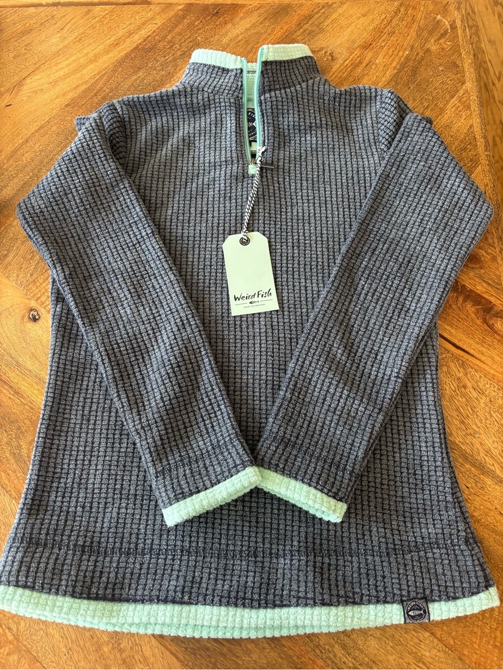 Women's Grey Waffle Quarter-Zip Sweater with Mint Trim